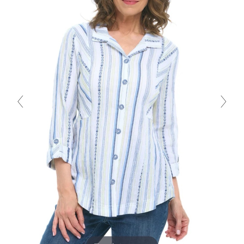 Habitat Coastal Textured Stripe Button Up Swing Tunic Top Medium - Picture 2 of 9